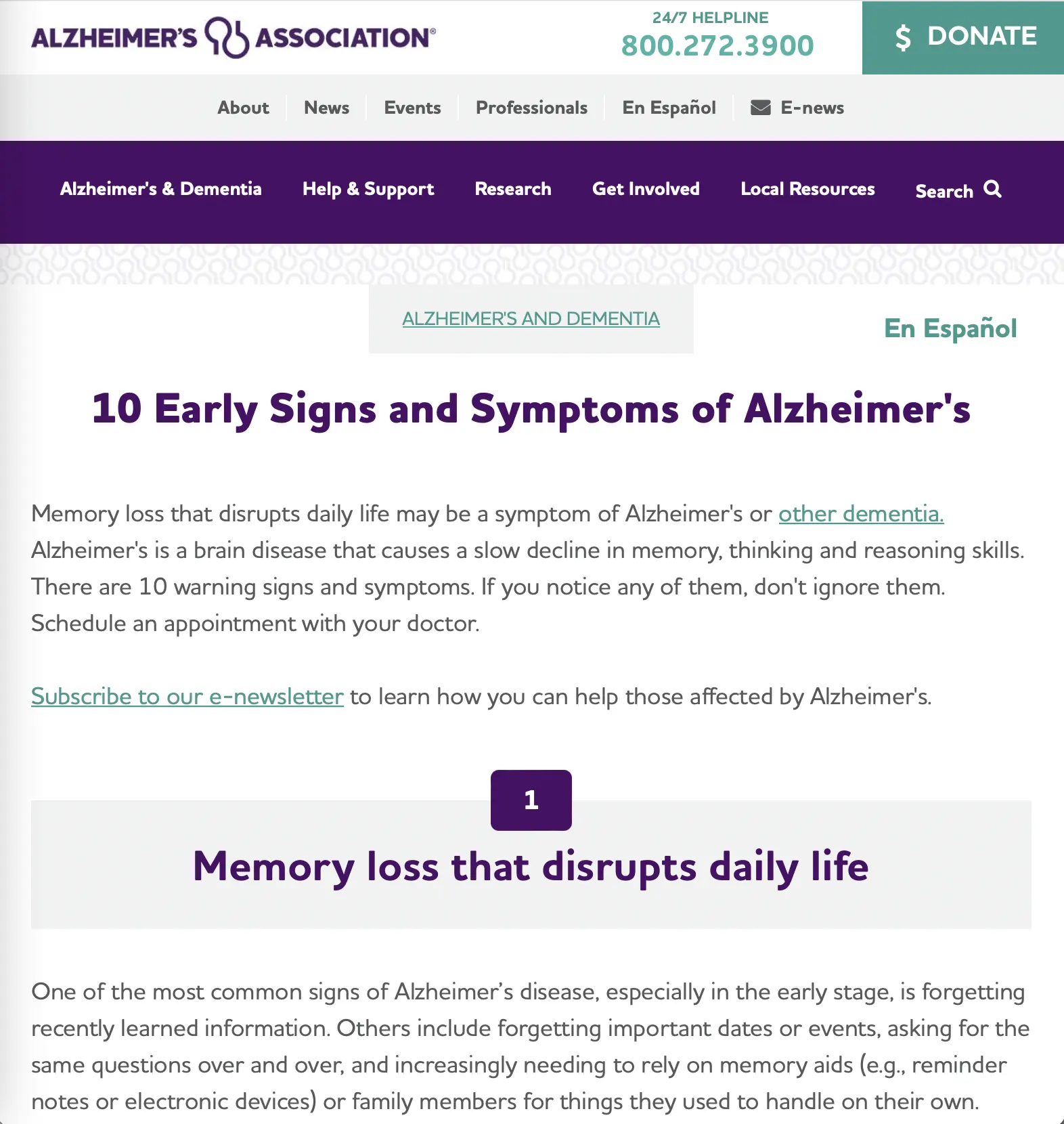 alzheimers website screenshot