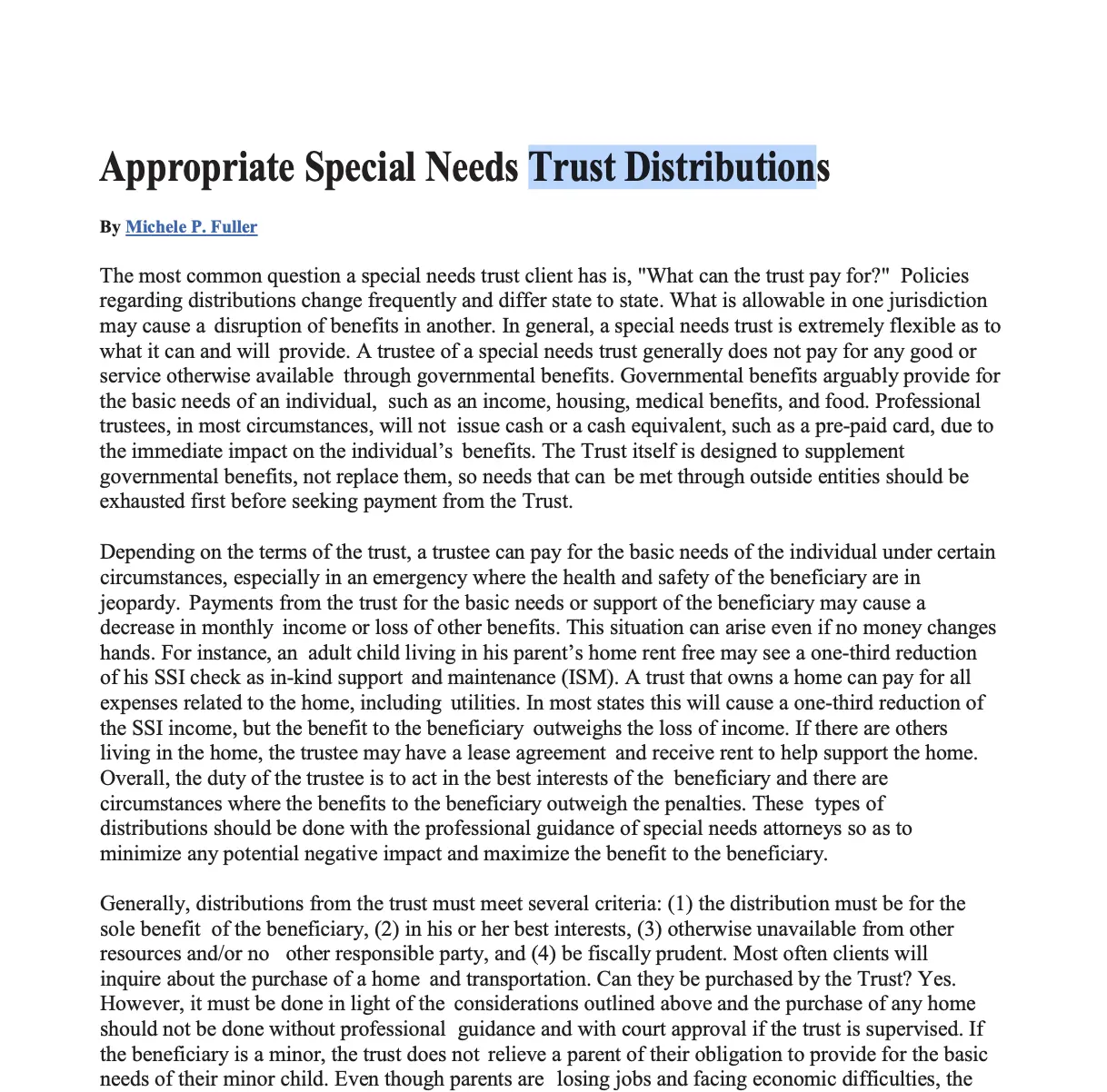 appropriate special needs trust distributions