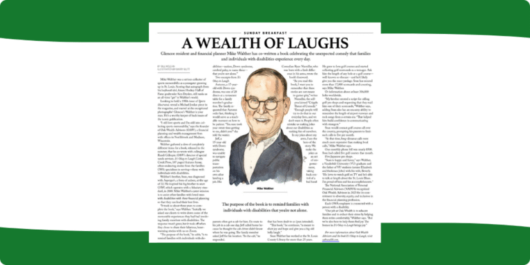 Article titled 'A Wealth of Laughs' featuring a man's portrait and text about humor.