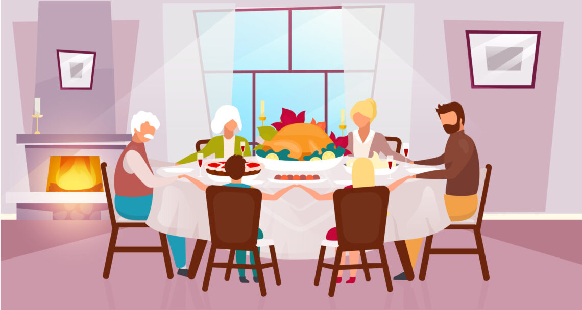 Family gathered around a table enjoying a festive meal.