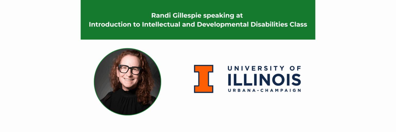 Randi Gillespie speaking at a University of Illinois event on intellectual and developmental disabilities.